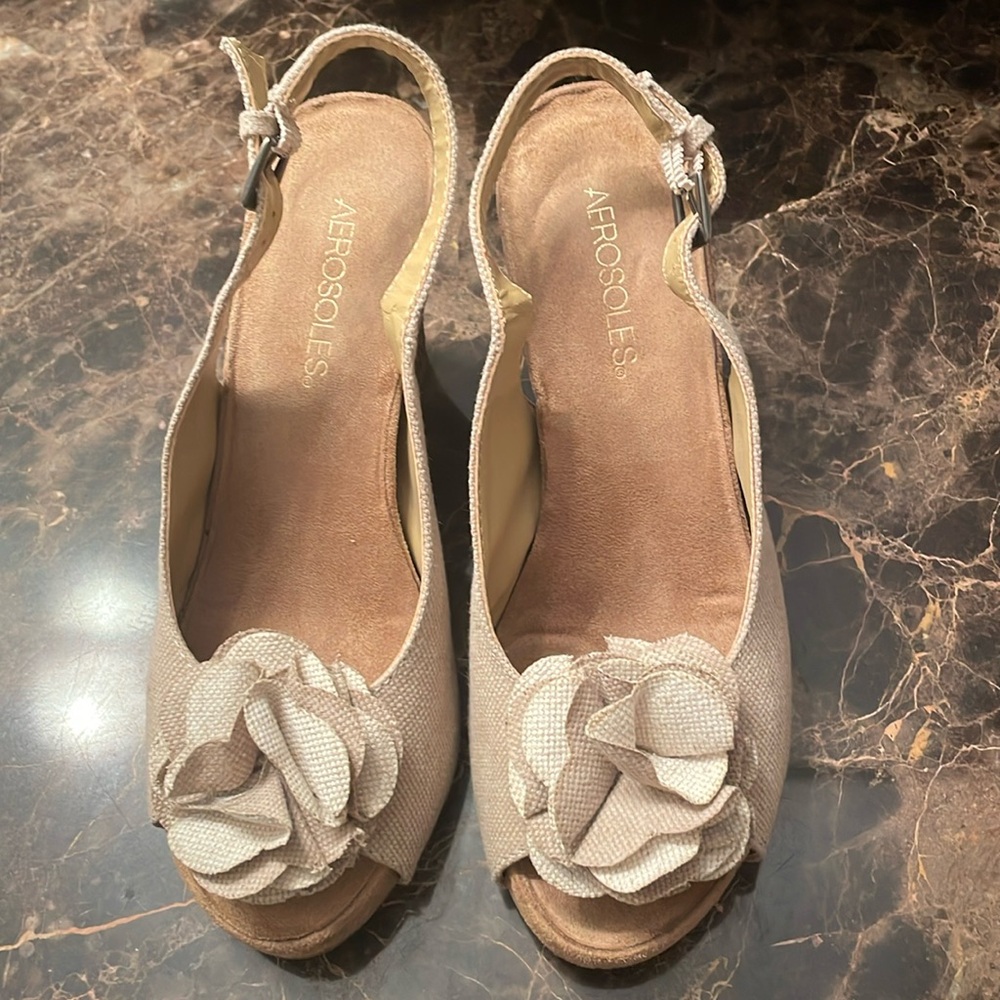 Beige sling back wedges